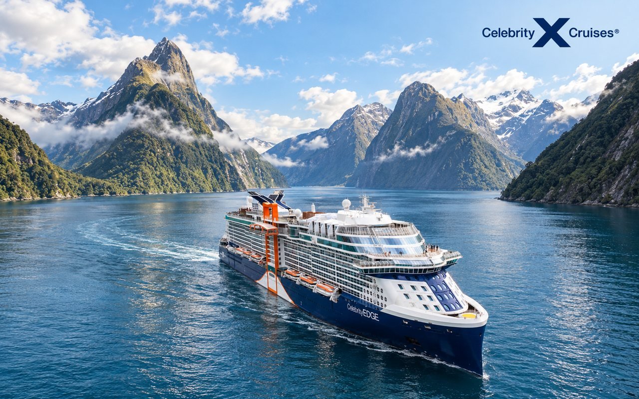 Celebrity Edge sailing into Milford Sound