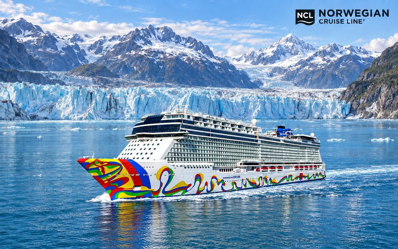 Norwegian Encore cruising in front of a tidewater glacier in Alaska