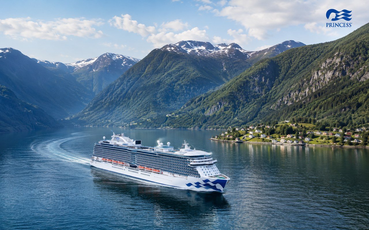 Regal Princess sailing through a Norwegian fjord