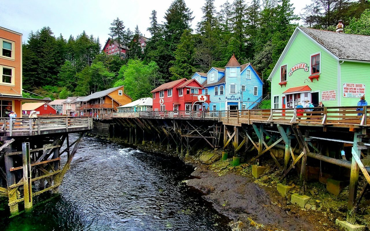 Colourful buildings on stilts along Creek Street in Ketchikan