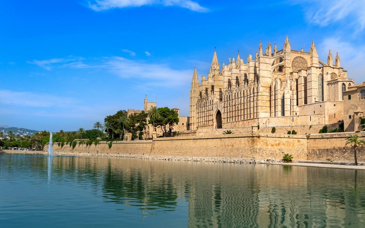 Palma Cathedral above the sea wall in Palma de Mallorca